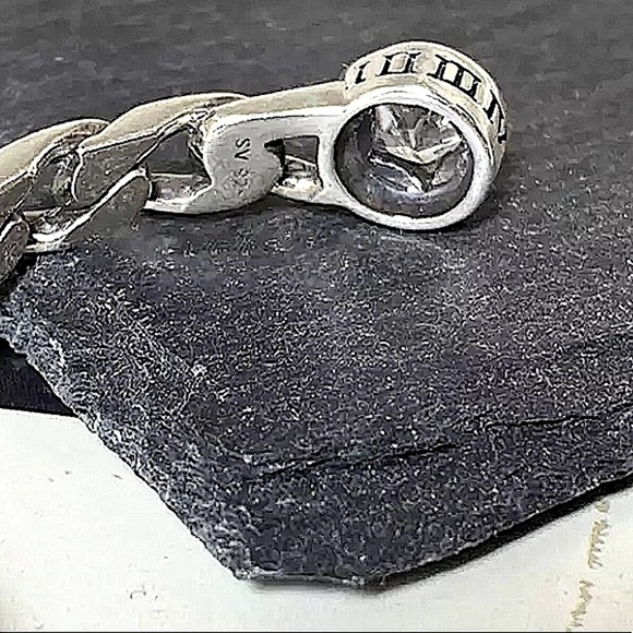 Vintage Sterling Silver Star Zircon Bangle Cuff Chain Link Design Bracelet - Picture 5 of 11